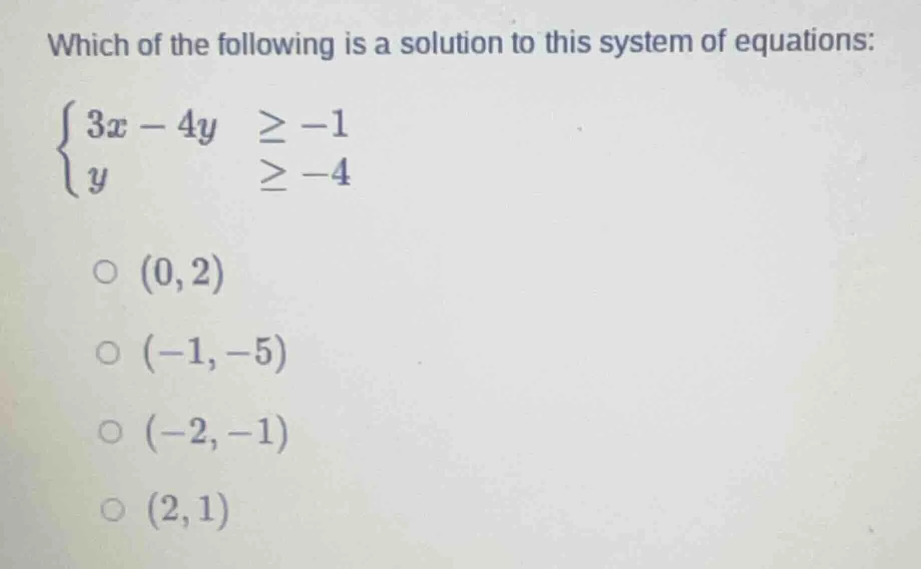 which of the following is a solution to this system of equations: \\beg…
