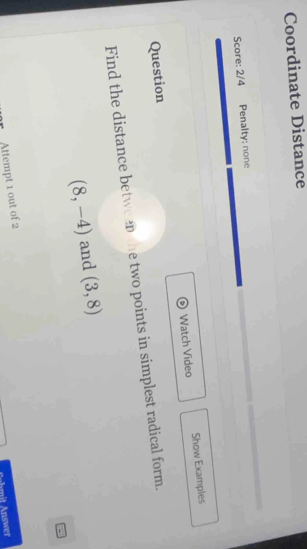 question find the distance between the two points in simplest radical f…