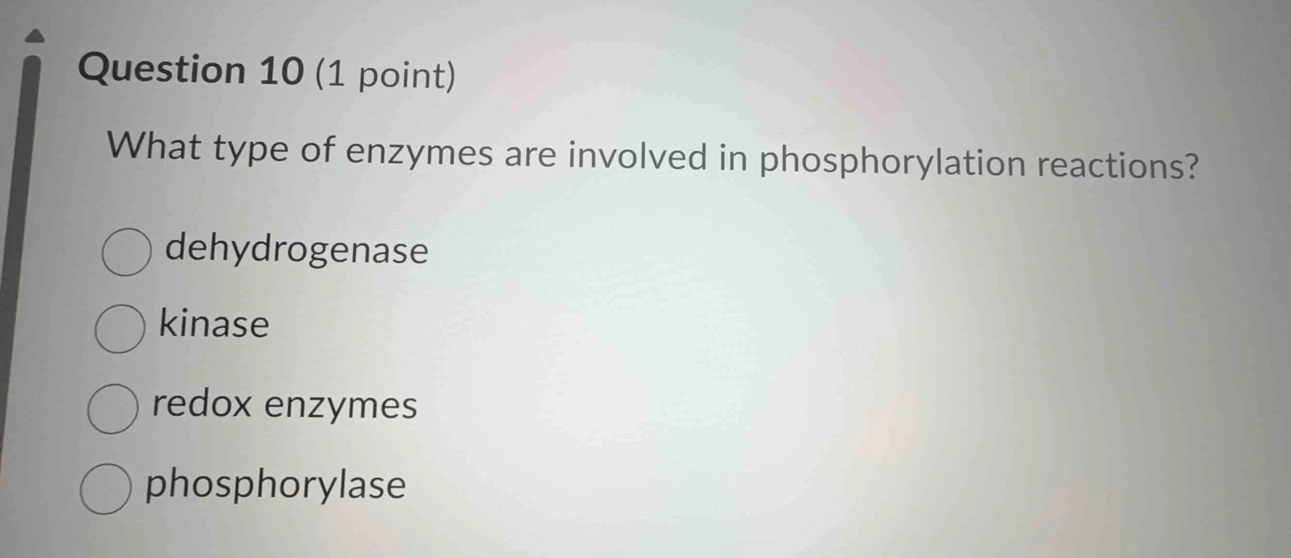 question 10 (1 point) what type of enzymes are involved in phosphorylat…