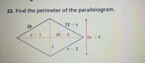 22. find the perimeter of the parallelogram. the parallelogram (a rhomb…