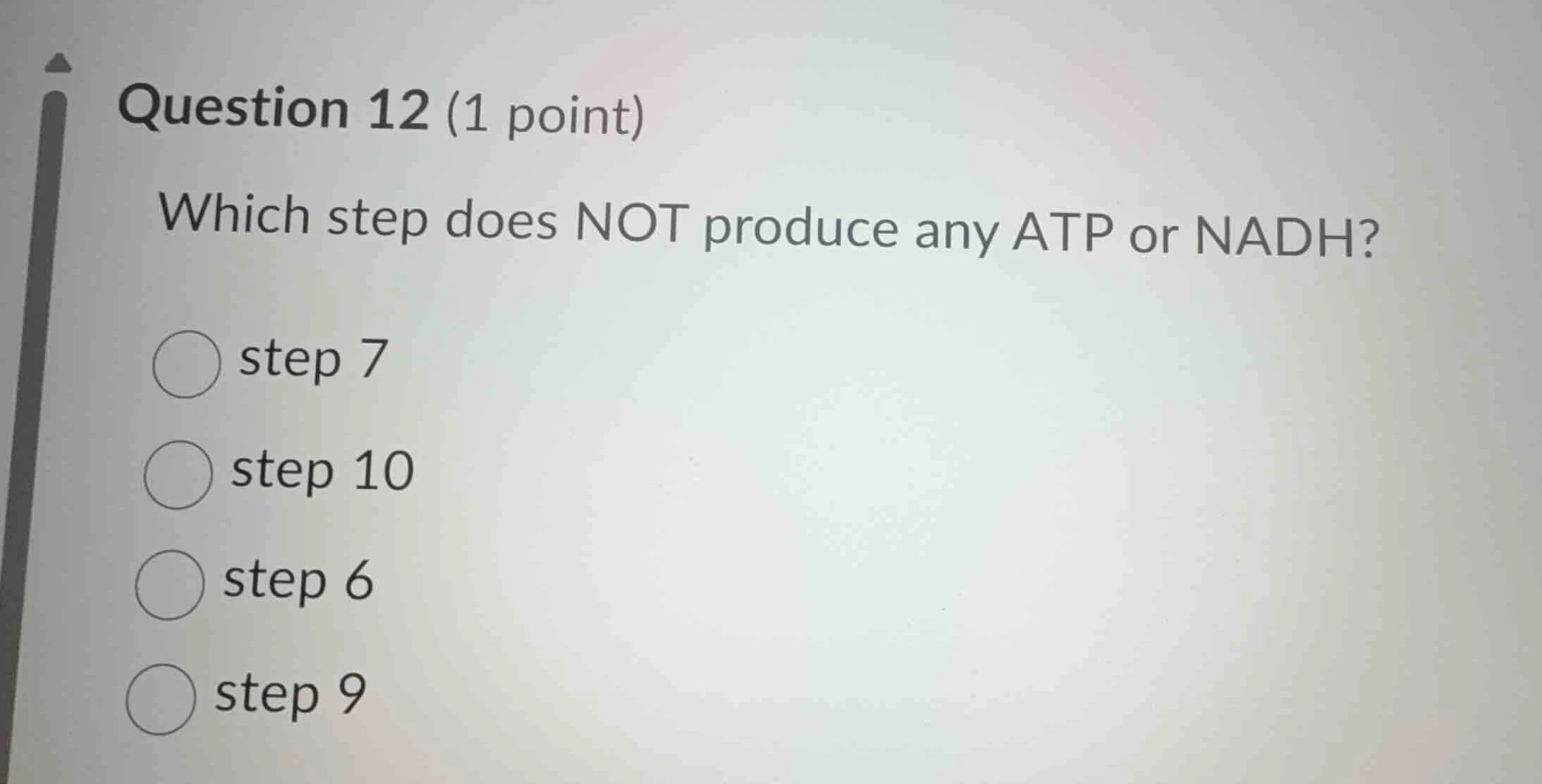 question 12 (1 point) which step does not produce any atp or nadh? ○ st…