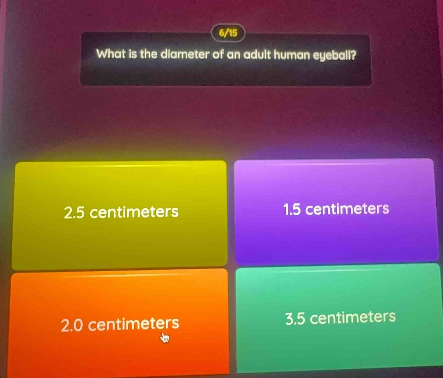 what is the diameter of an adult human eyeball? 2.5 centimeters 1.5 cen…