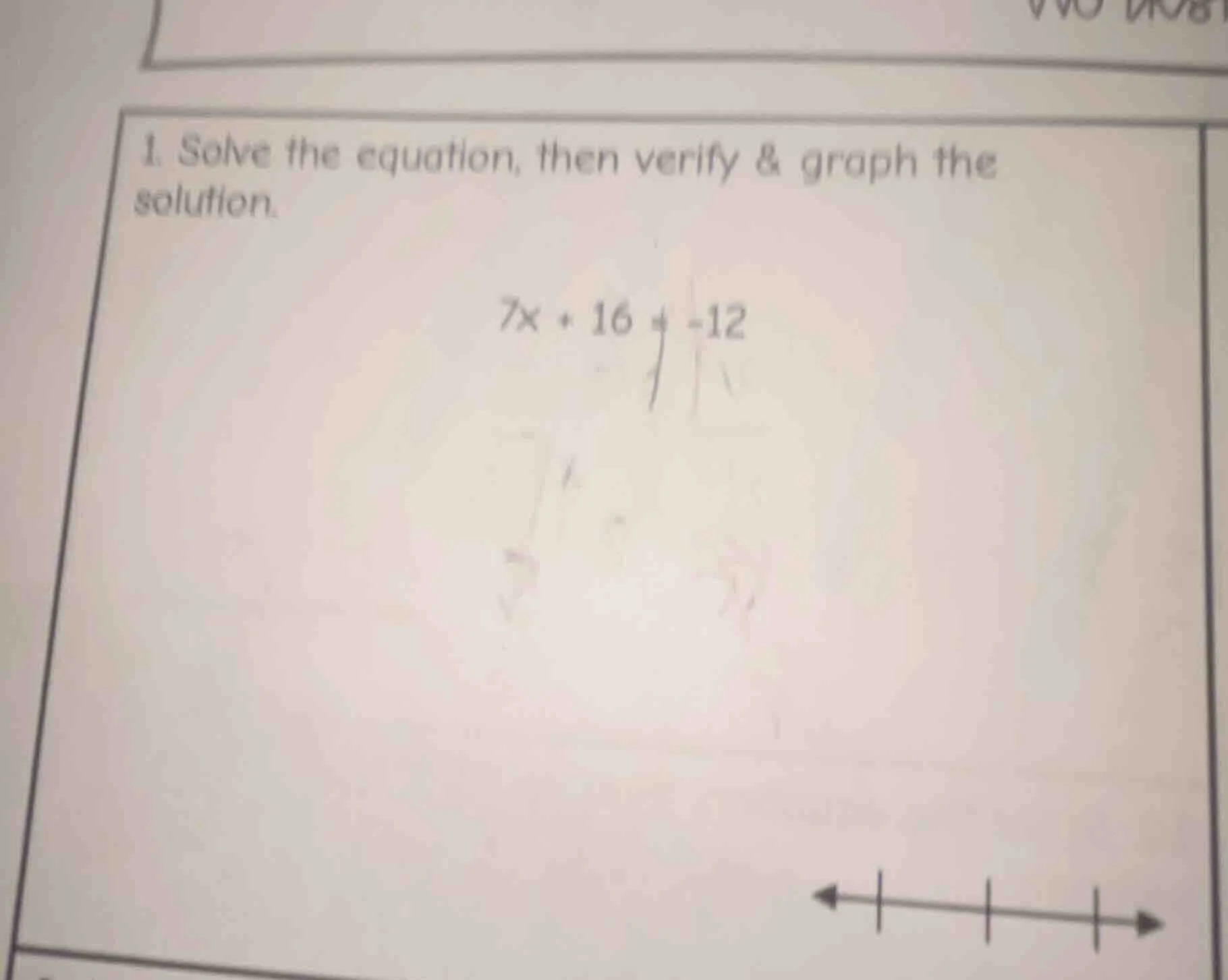 1. solve the equation, then verify & graph the solution. $7x + 16 = -12$