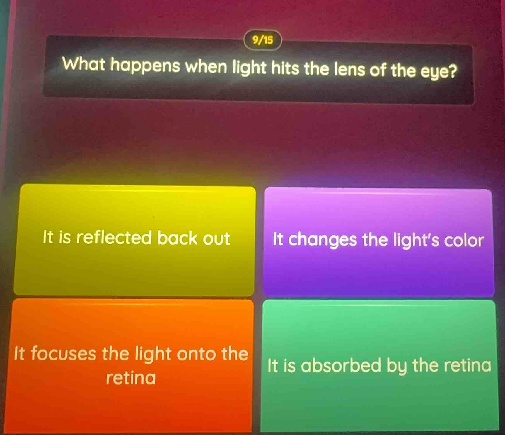 9/15 what happens when light hits the lens of the eye? it is reflected …