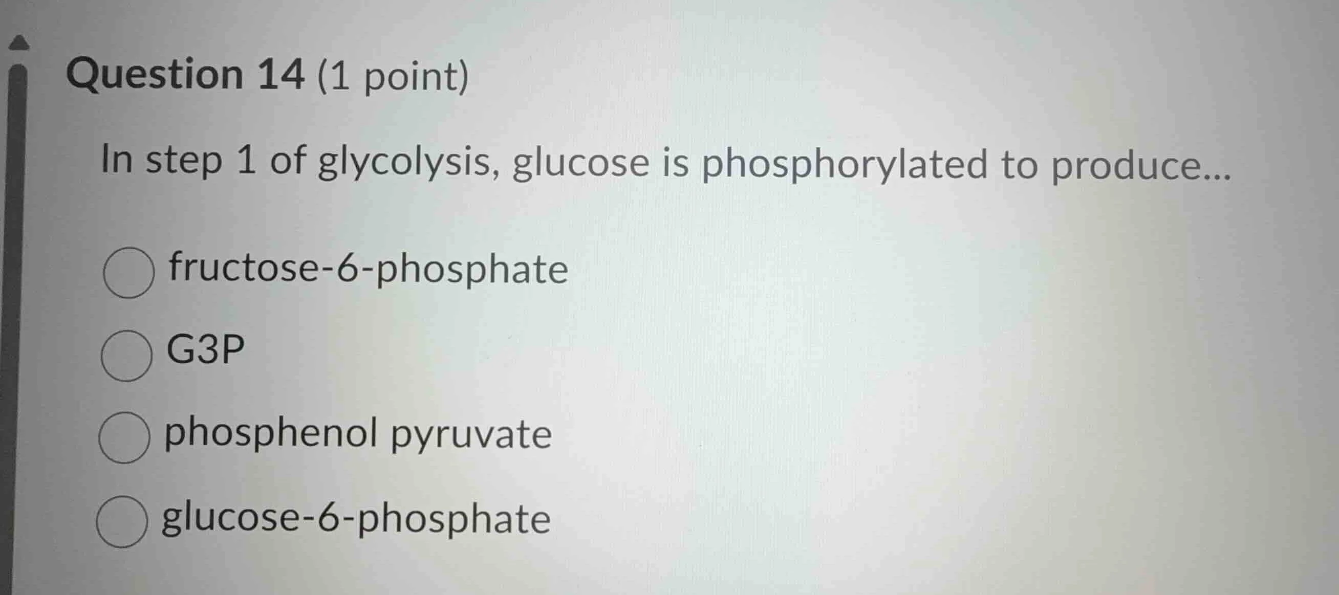 question 14 (1 point) in step 1 of glycolysis, glucose is phosphorylate…