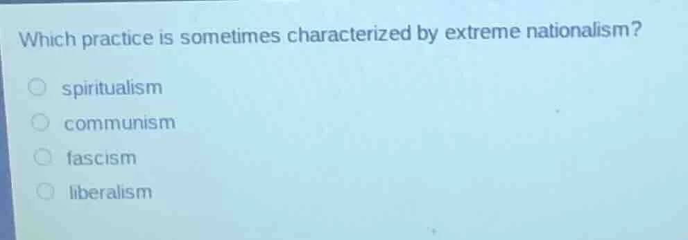 which practice is sometimes characterized by extreme nationalism? ○ spi…