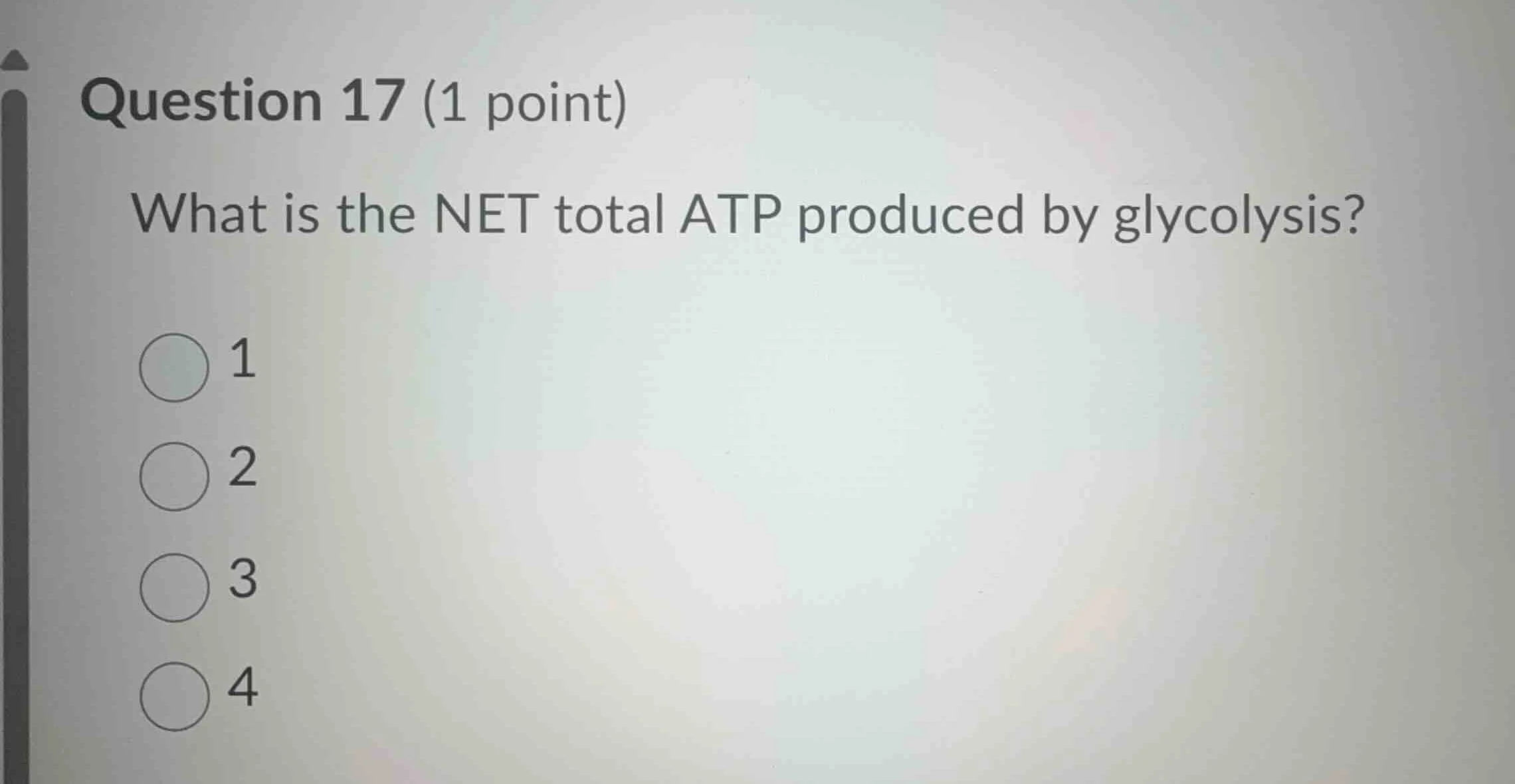 question 17 (1 point) what is the net total atp produced by glycolysis?…