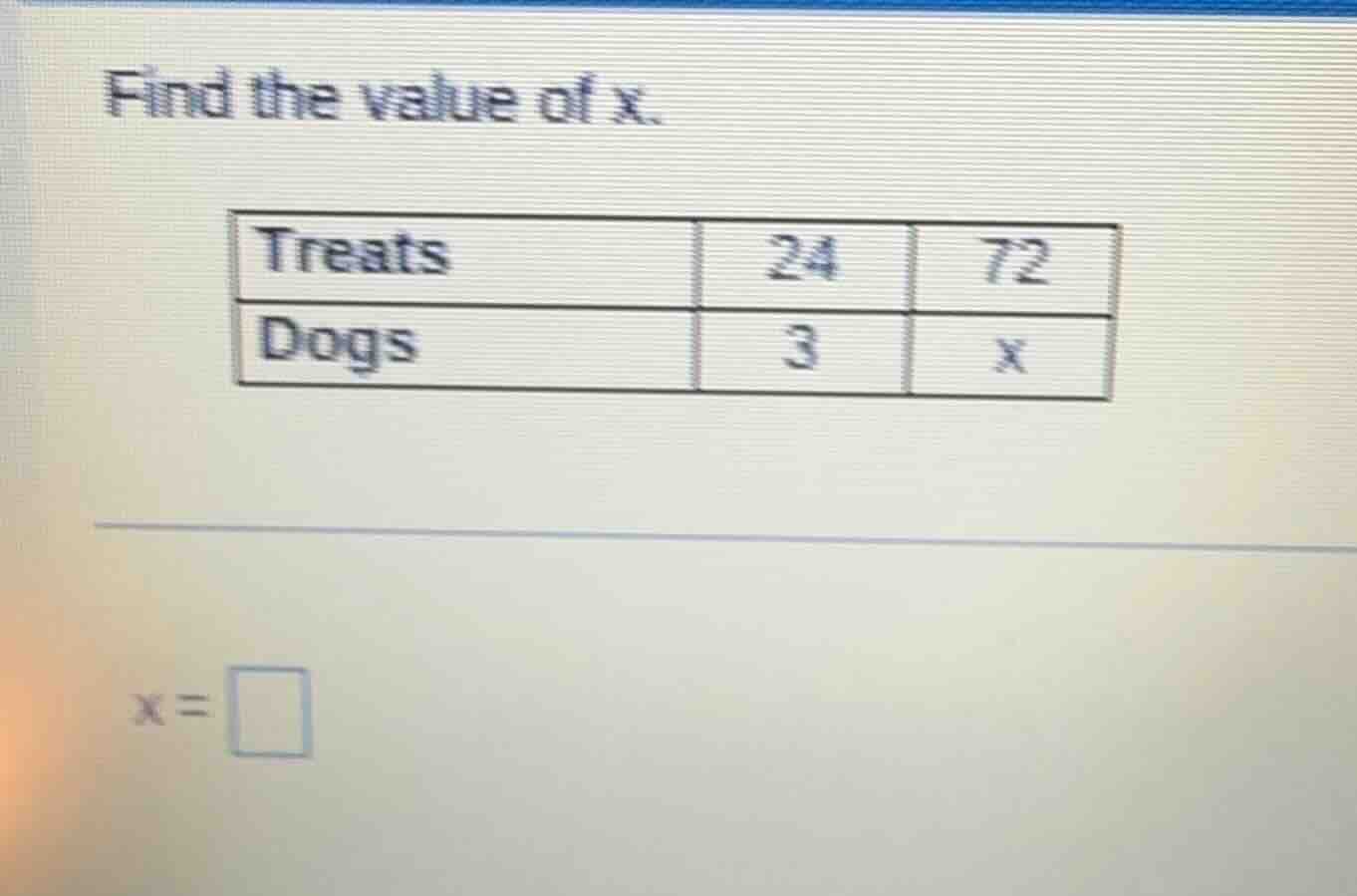 find the value of x. | treats | 24 | 72 | | ------ | -- | -- | | dogs |…