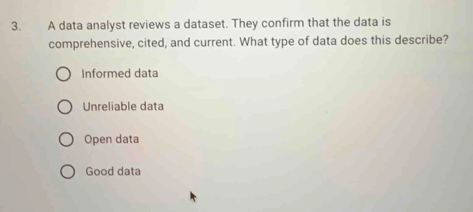 3. a data analyst reviews a dataset. they confirm that the data is comp…