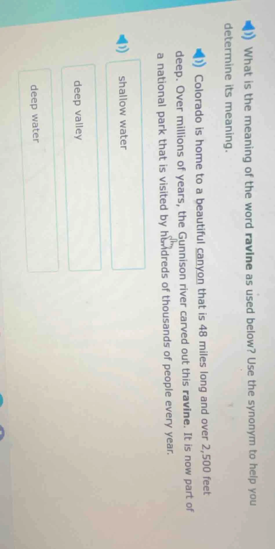 what is the meaning of the word ravine as used below? use the synonym t…