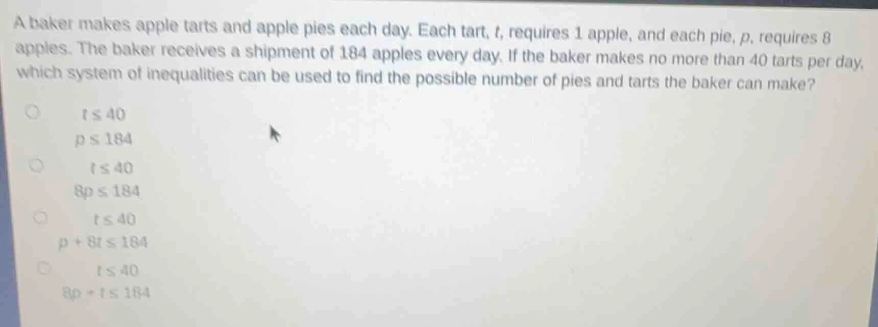 a baker makes apple tarts and apple pies each day. each tart, t, requir…