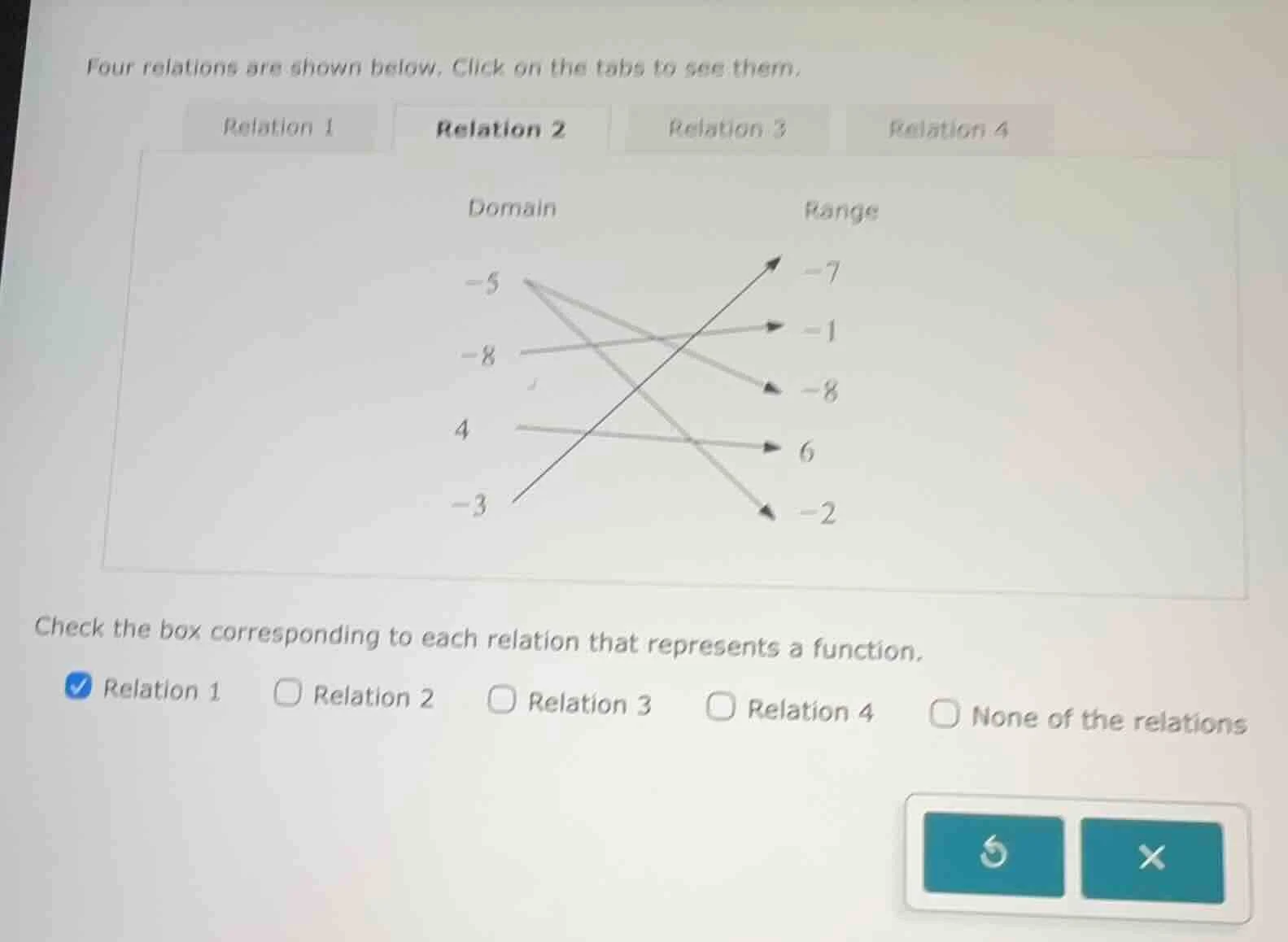 four relations are shown below. click on the tabs to see them. relation…