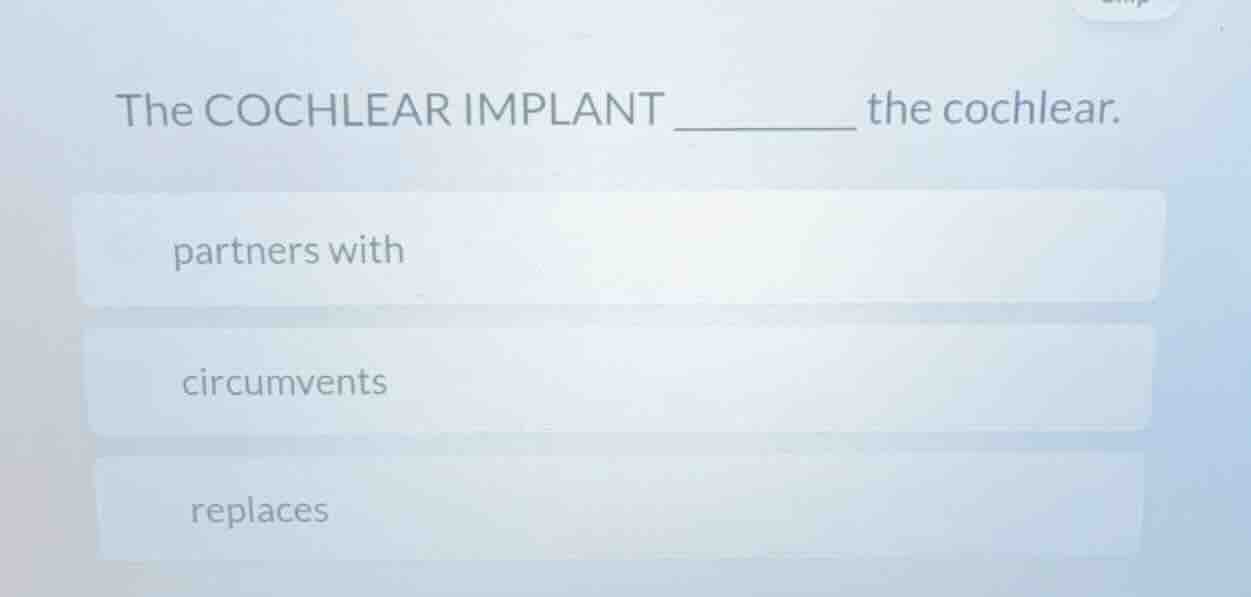 the cochlear implant ______ the cochlear. partners with circumvents rep…