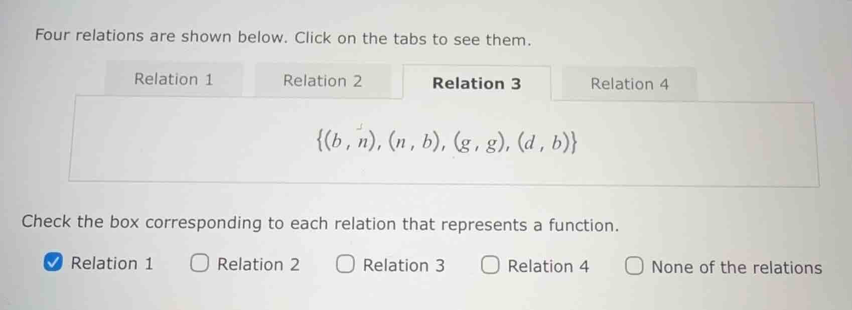 four relations are shown below. click on the tabs to see them. relation…