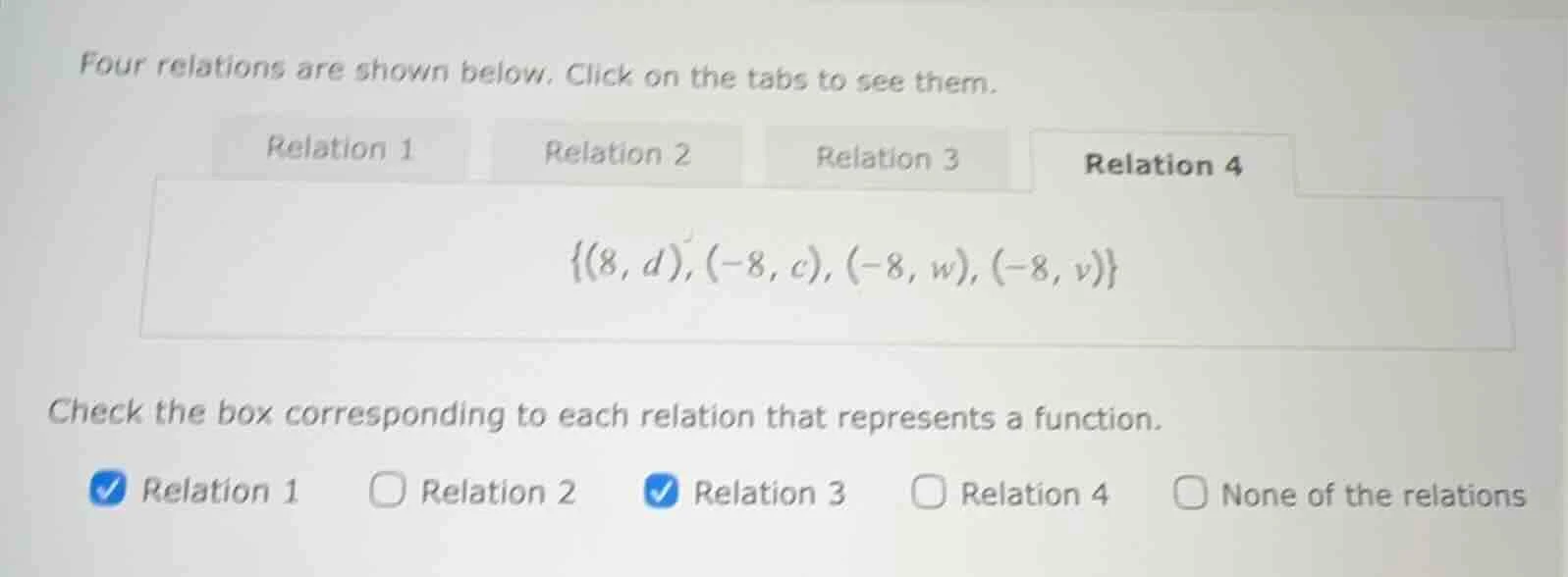 four relations are shown below. click on the tabs to see them. relation…