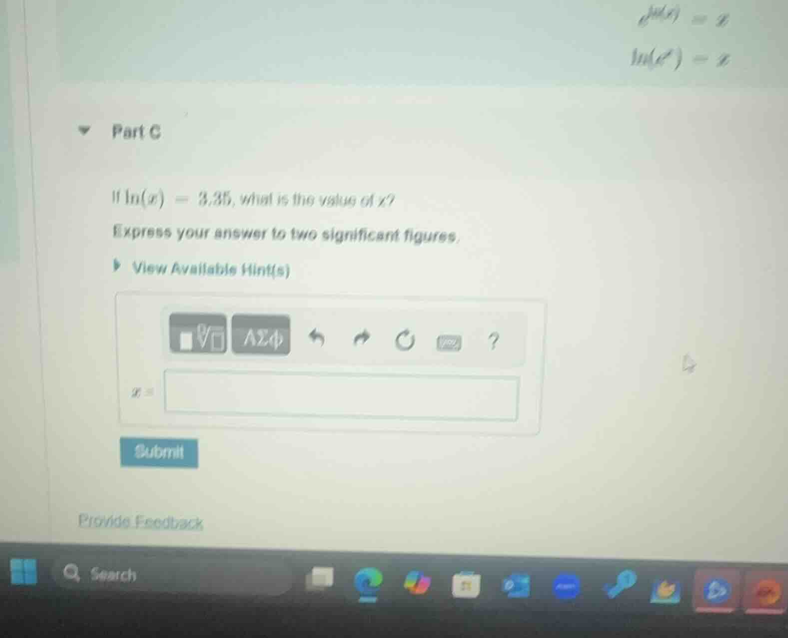 part c if \\( \\ln(x) = 3.35 \\), what is the value of \\( x \\)? expre…
