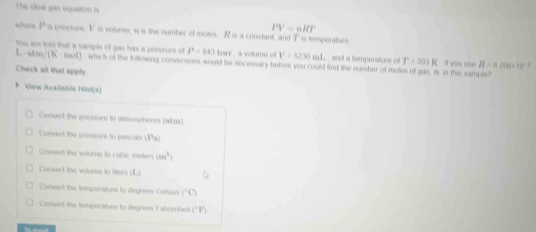 the ideal gas equation is $$pv = nrt$$ where $p$ is pressure, $v$ is vo…