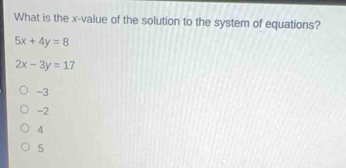 what is the x - value of the solution to the system of equations? $5x +…