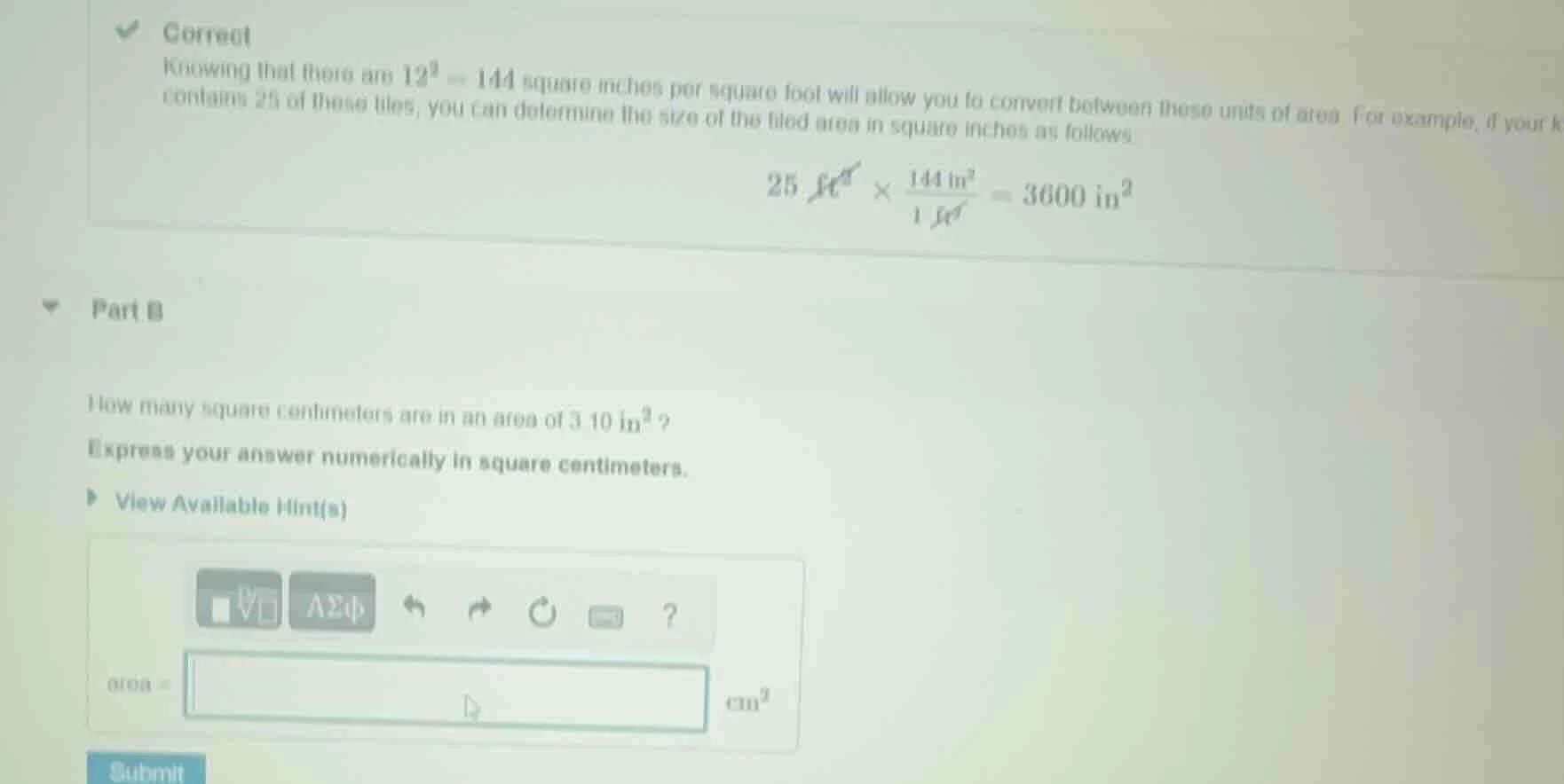 correct knowing that there are $12^2 = 144$ square inches per square fo…