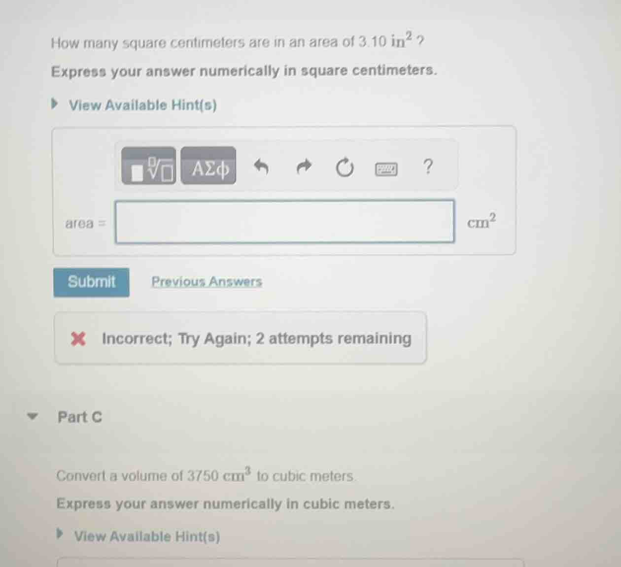 how many square centimeters are in an area of 3.10 in²? express your an…