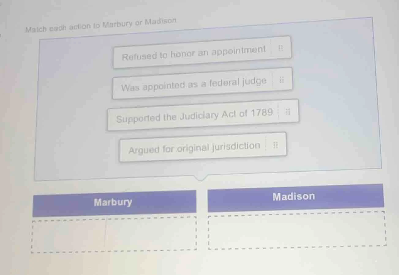 match each action to marbury or madison refused to honor an appointment…