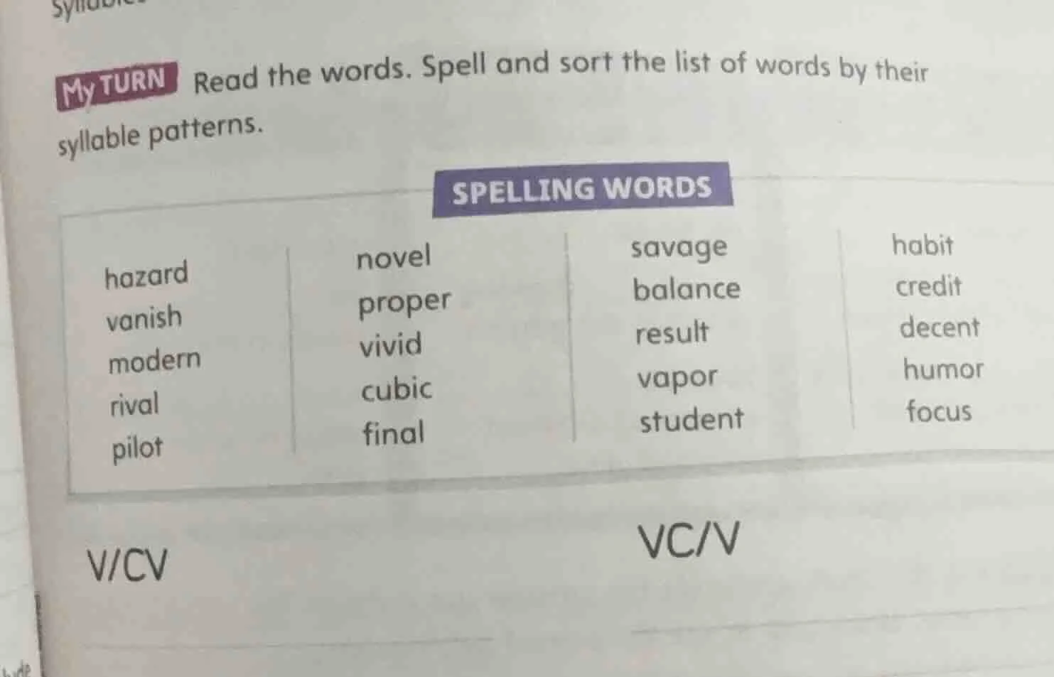 my turn read the words. spell and sort the list of words by their sylla…