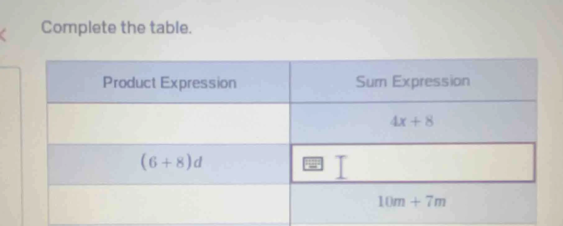 complete the table. product expression | sum expression | 4x + 8 (6 + 8…