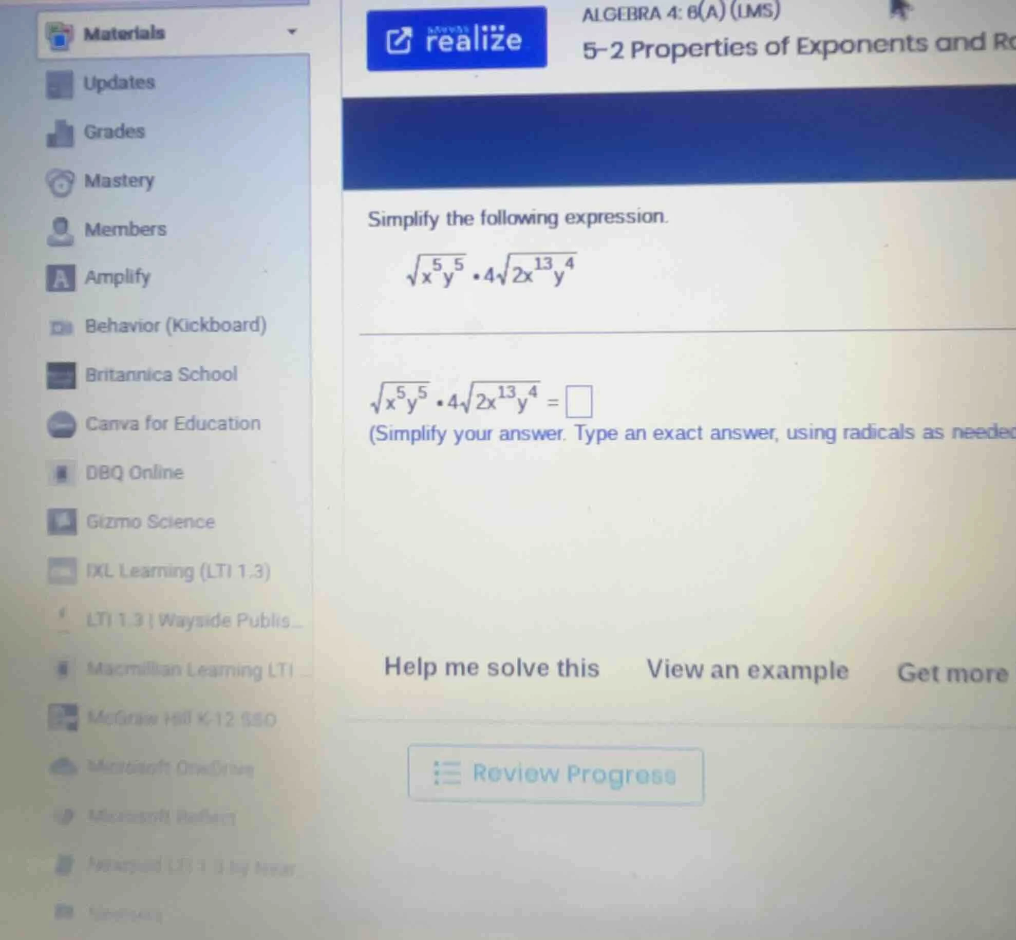 simplify the following expression. $sqrt{x^{5}y^{5}} \\cdot 4sqrt{2x^{1…