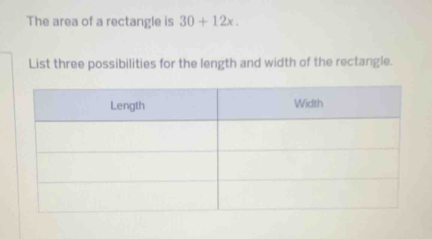 the area of a rectangle is 30 + 12x. list three possibilities for the l…