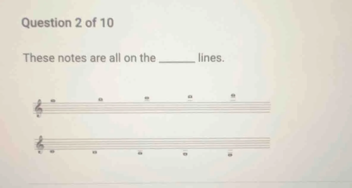 question 2 of 10 these notes are all on the ______ lines. musical notat…