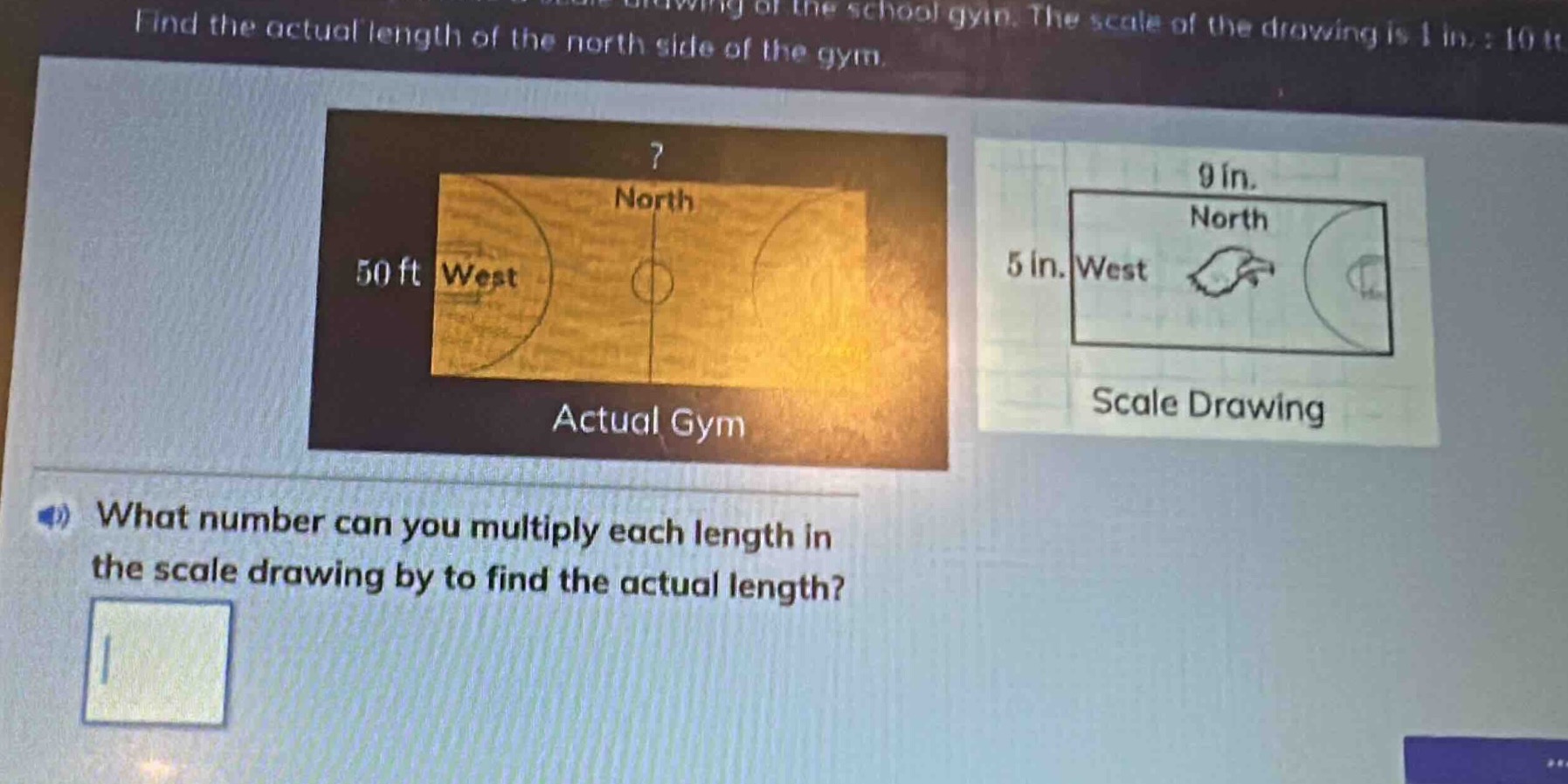 find the actual length of the north side of the gym. the scale of the d…
