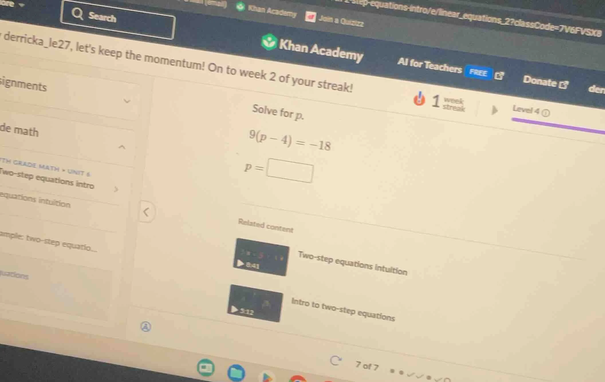 solve for p. 9(p - 4) = -18 p =