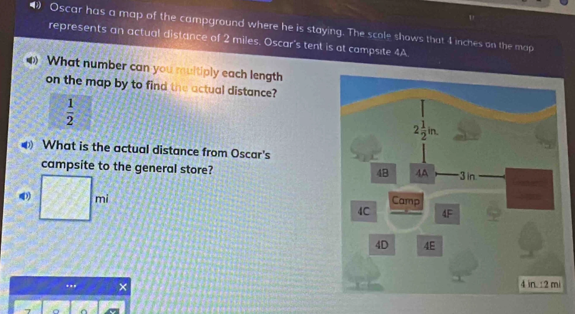 oscar has a map of the campground where he is staying. the scale shows …