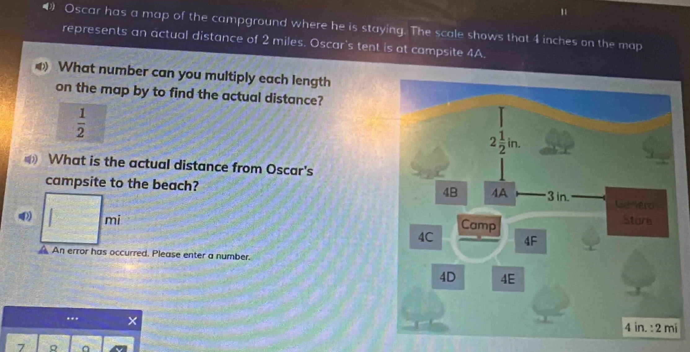 oscar has a map of the campground where he is staying. the scale shows …