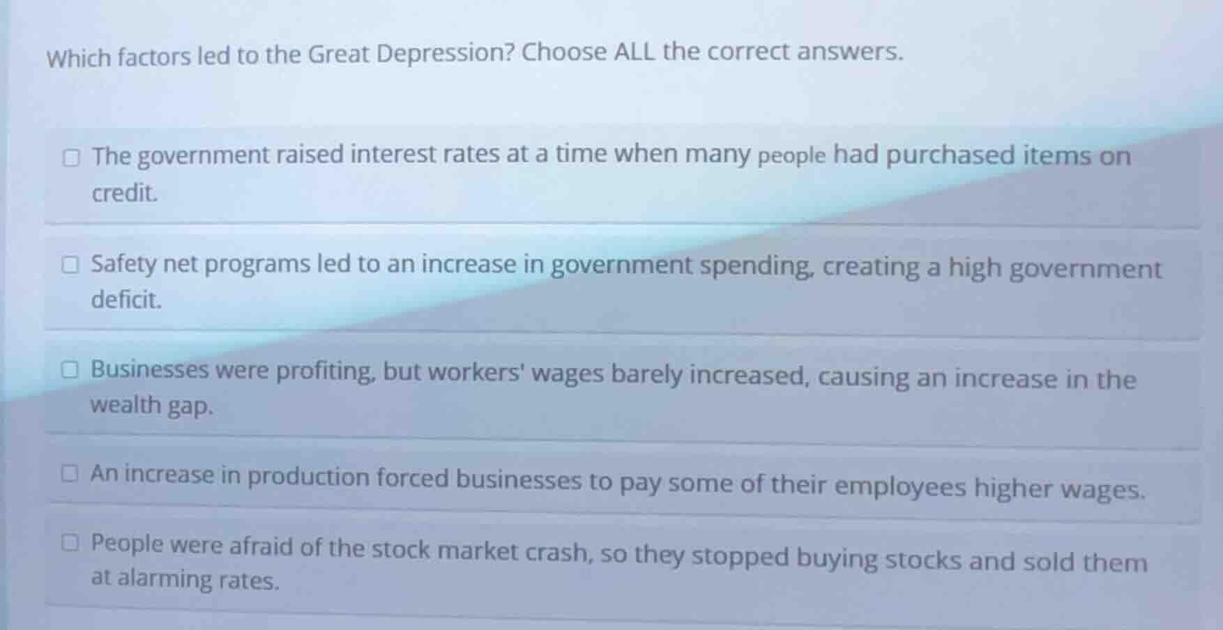 which factors led to the great depression? choose all the correct answe…