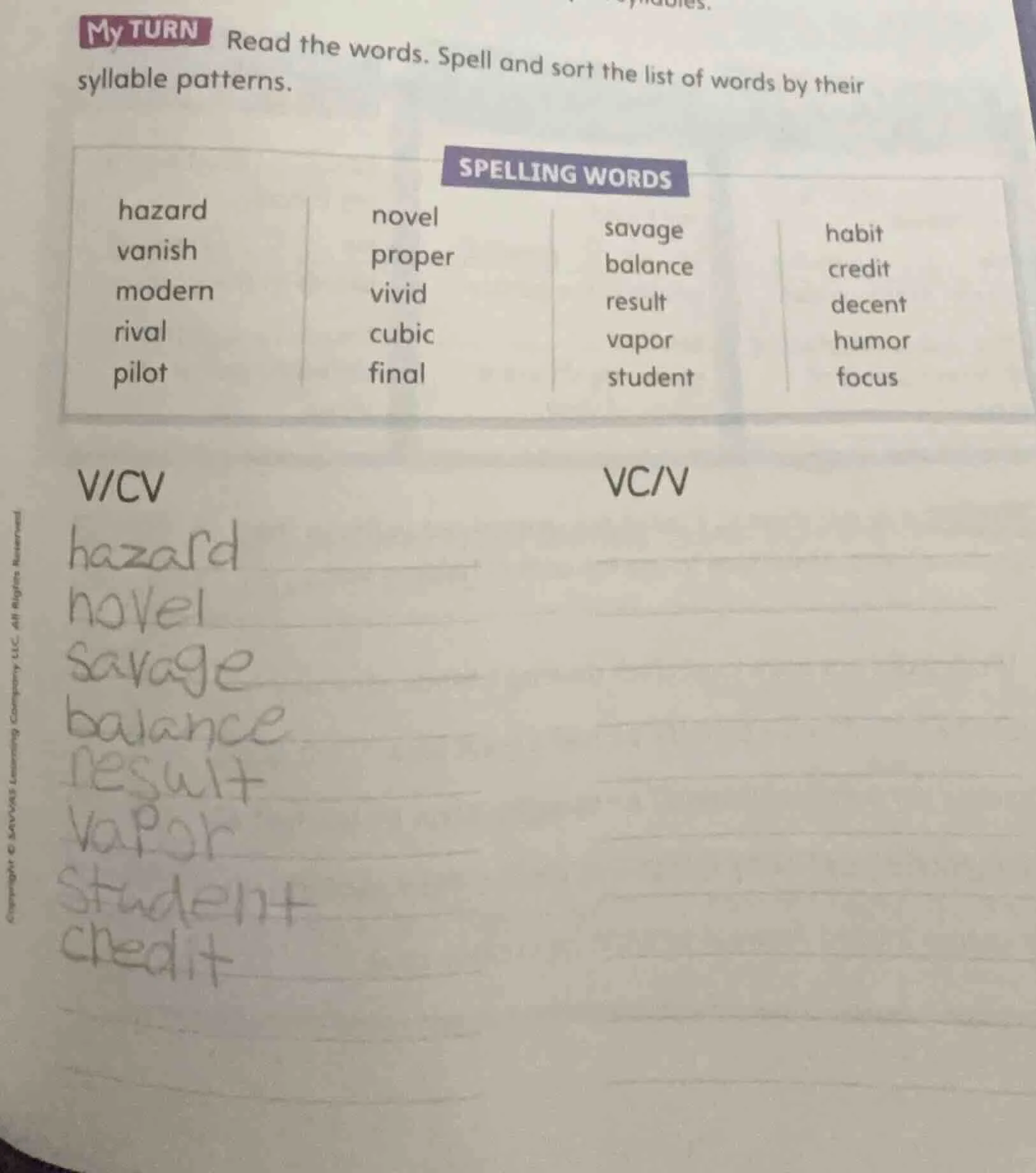 my turn read the words. spell and sort the list of words by their sylla…