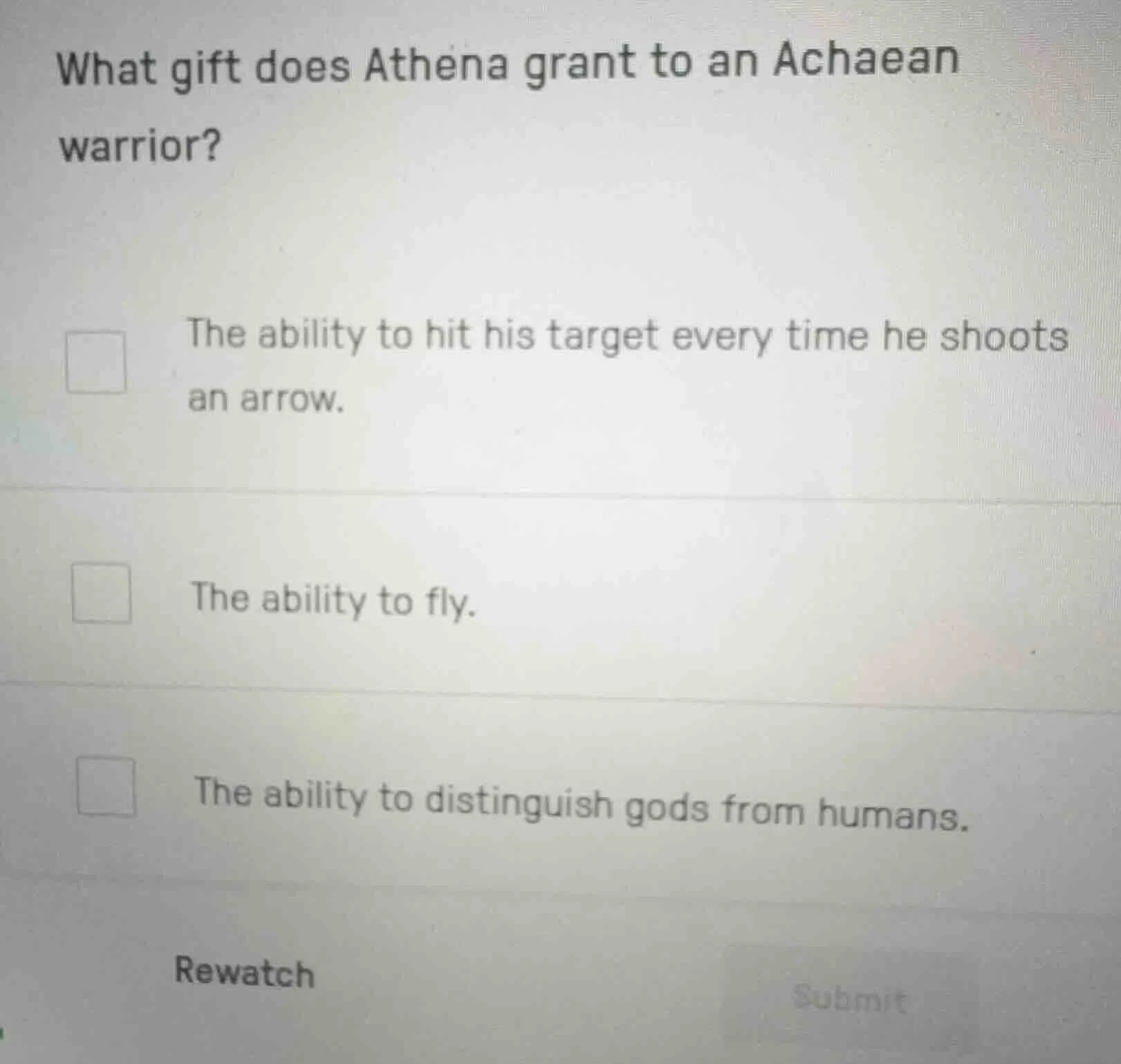 what gift does athena grant to an achaean warrior? the ability to hit h…
