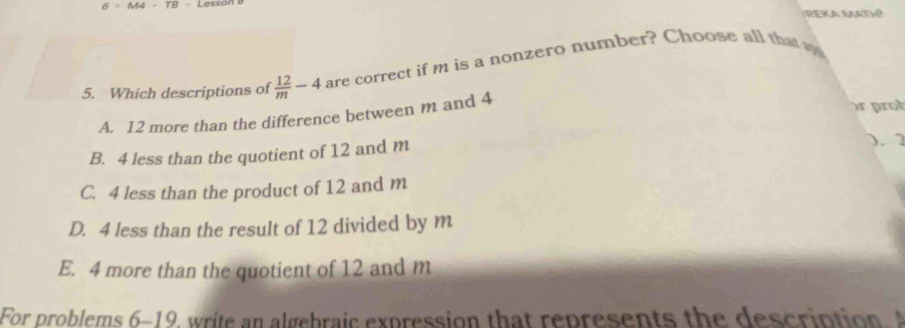 5. which descriptions of \\(\\frac{12}{m} - 4\\) are correct if \\(m\\)…