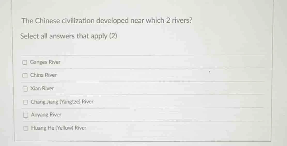 the chinese civilization developed near which 2 rivers? select all answ…