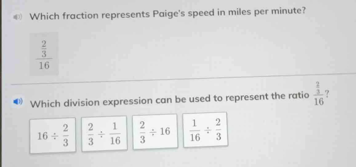 which fraction represents paiges speed in miles per minute?\\(\frac{\fr…