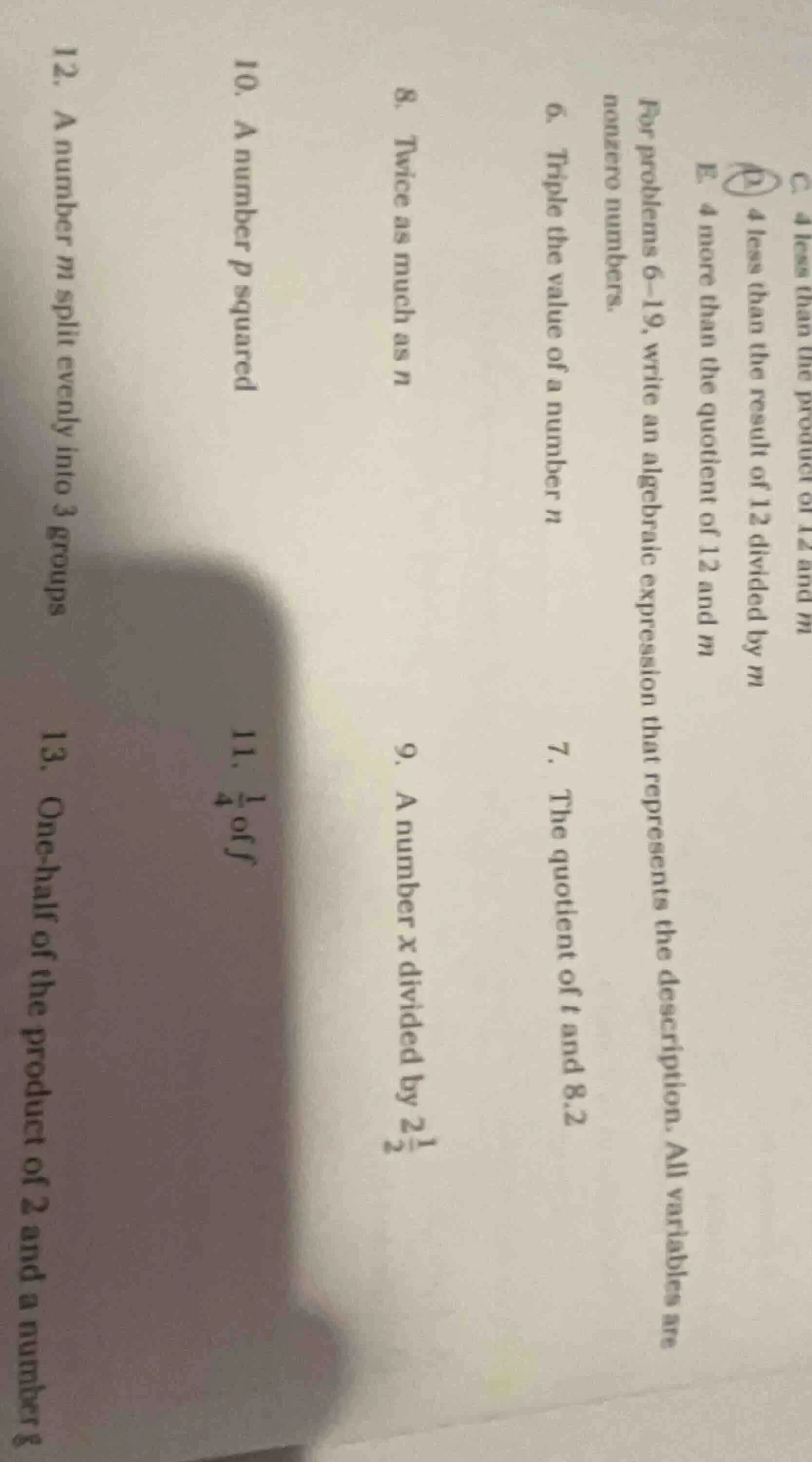 for problems 6–19, write an algebraic expression that represents the de…