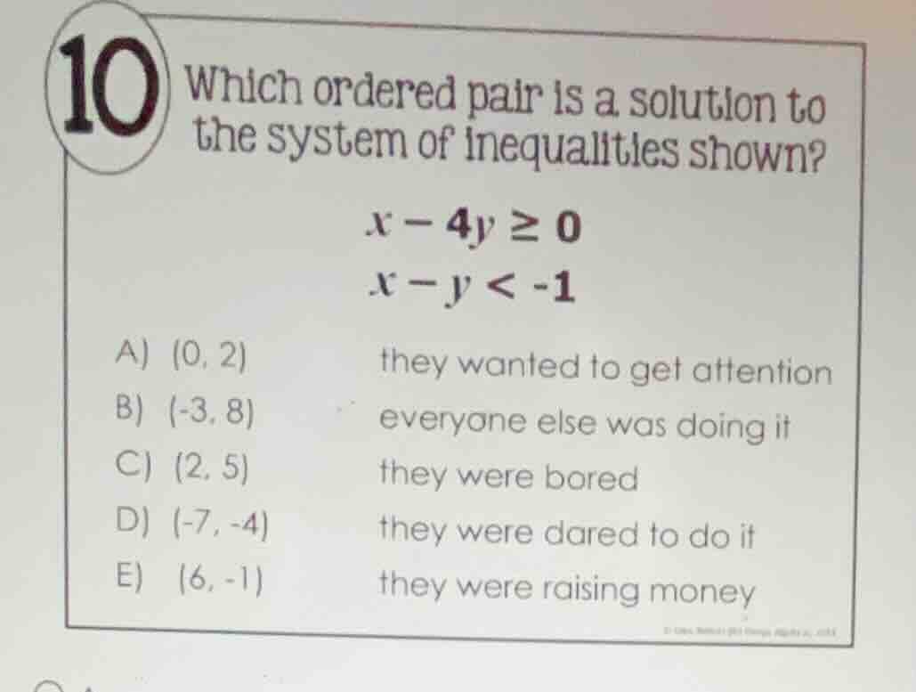 10 which ordered pair is a solution to the system of inequalities shown…