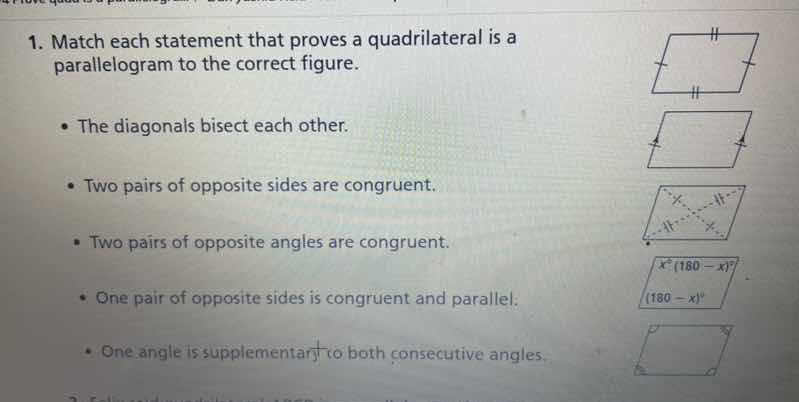 1. match each statement that proves a quadrilateral is a parallelogram …