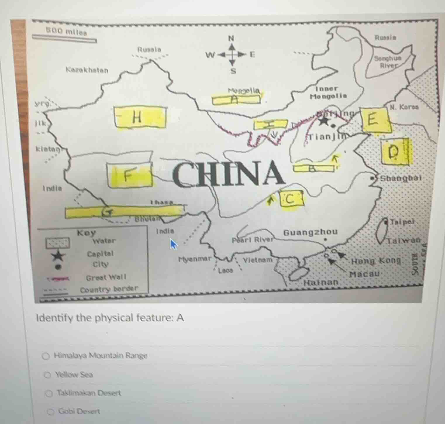 identify the physical feature: a ○ himalaya mountain range ○ yellow sea…