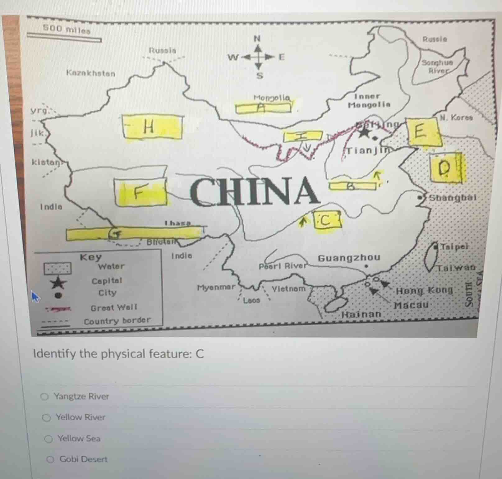 identify the physical feature: c ○ yangtze river ○ yellow river ○ yello…