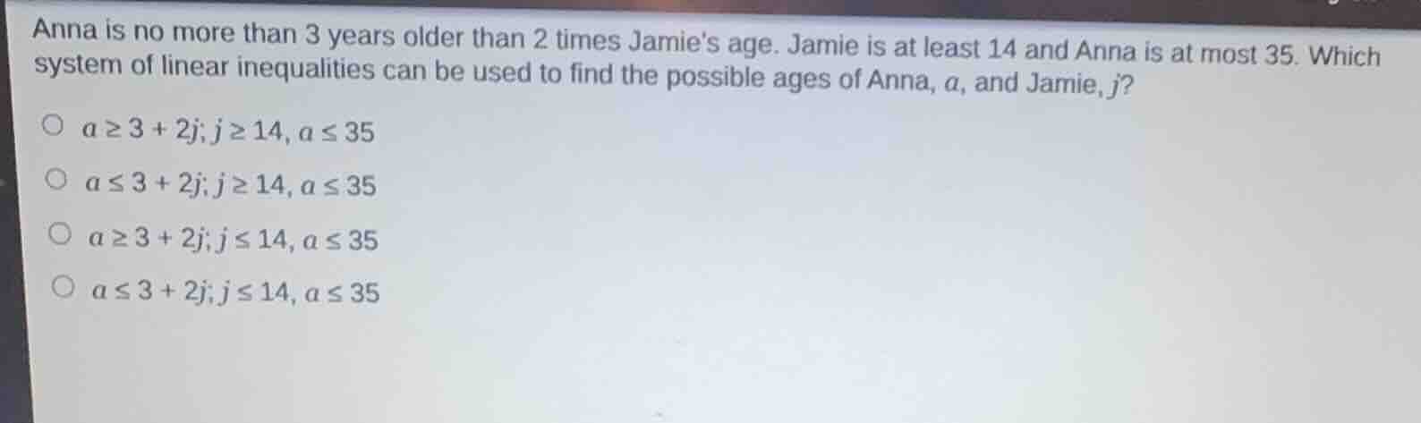 anna is no more than 3 years older than 2 times jamies age. jamie is at…