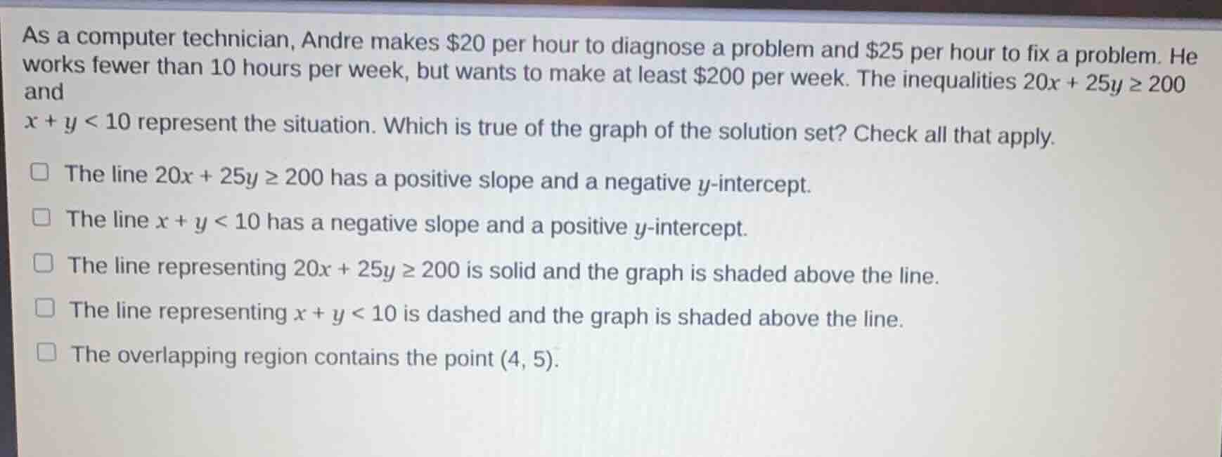 as a computer technician, andre makes $20 per hour to diagnose a proble…