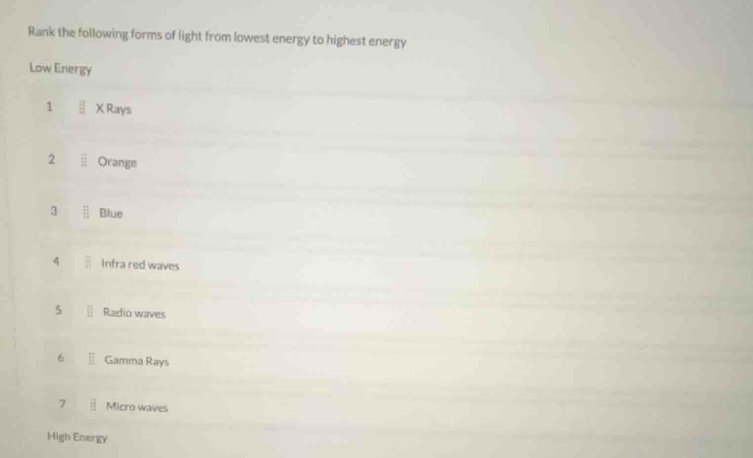 rank the following forms of light from lowest energy to highest energy …