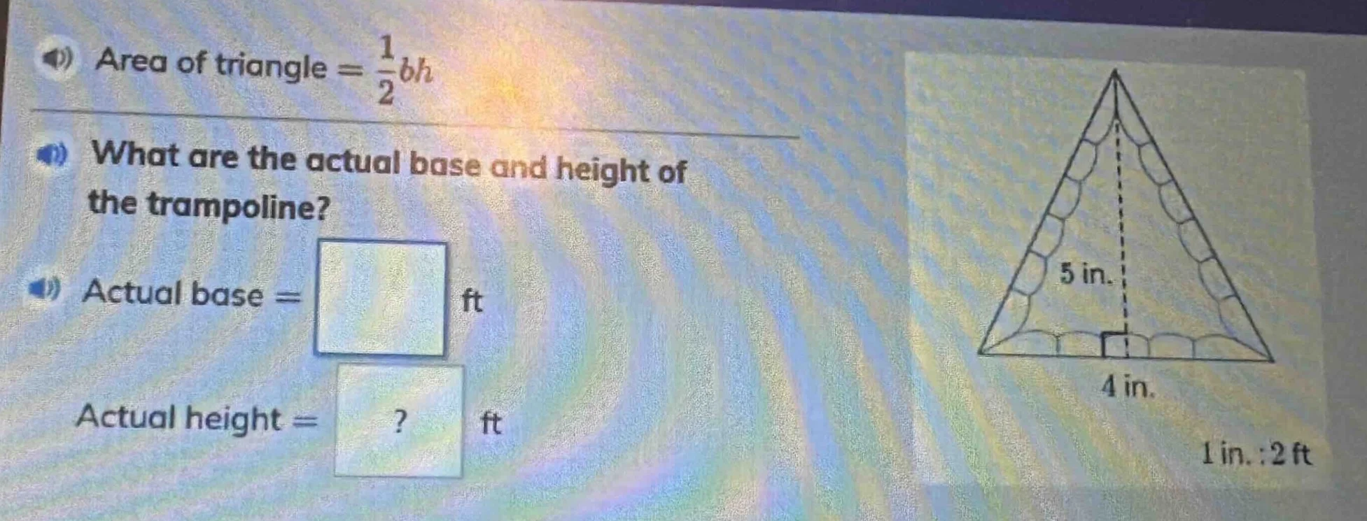 area of triangle = \\(\\frac{1}{2}bh\\) what are the actual base and he…