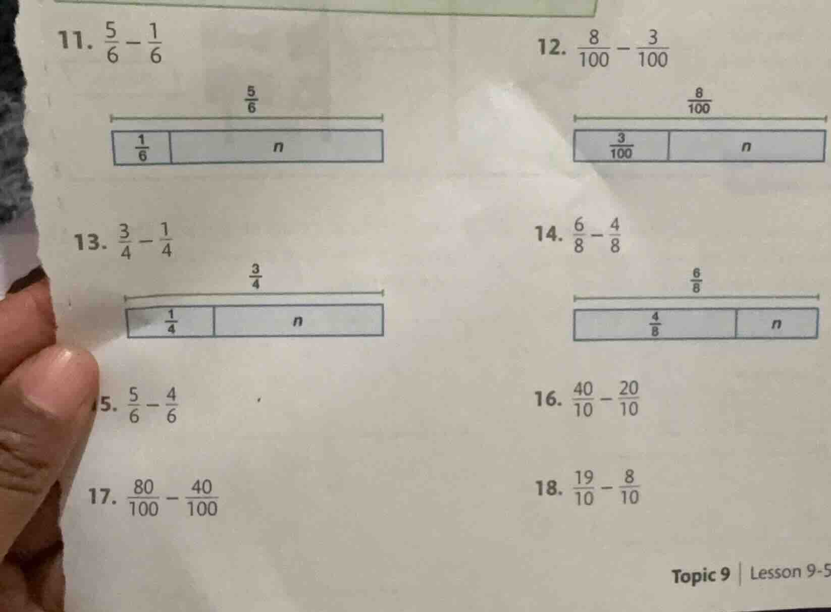 11. \\(\\frac{5}{6} - \\frac{1}{6}\\) 12. \\(\\frac{8}{100} - \\frac{3}…